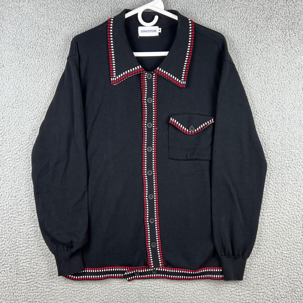 OXKNITSTORE Mens Black Knit‎ Button Down Polo Cardigan Sweater Red White Trim M
